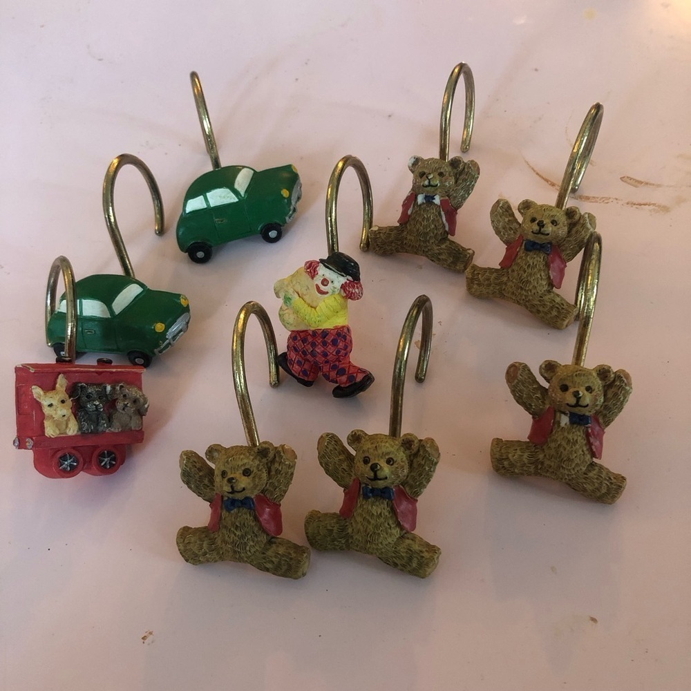 Vintage 9 Playful Bear and Car Shower Hooks , one clown, puppies, preloved